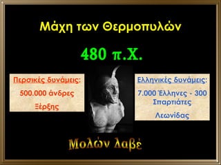 Μάχη των Θερμοπυλών Περσικές δυνάμεις : 500.000 άνδρες Ξέρξης Ελληνικές δυνάμεις : 7.000 Έλληνες - 300 Σπαρτιάτες Λεωνίδας 480 π.Χ. Μολών λαβέ 