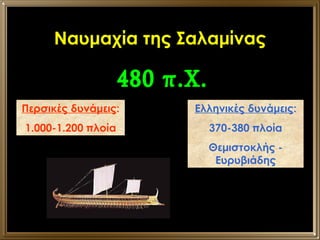 Ναυμαχία της Σαλαμίνας Περσικές δυνάμεις : 1.000-1.200 πλοία Ελληνικές δυνάμεις : 370-380 πλοία Θεμιστοκλής - Ευρυβιάδης 480 π.Χ. 