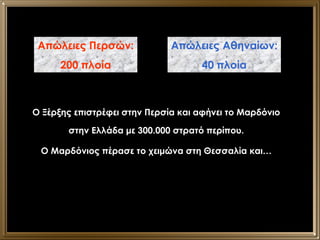 Απώλειες Περσών:  200 πλοία Απώλειες Αθηναίων:  40 πλοία Ο Ξέρξης επιστρέφει στην Περσία και αφήνει το Μαρδόνιο στην Ελλάδα με 300.000 στρατό περίπου. Ο Μαρδόνιος πέρασε το χειμώνα στη Θεσσαλία και… 