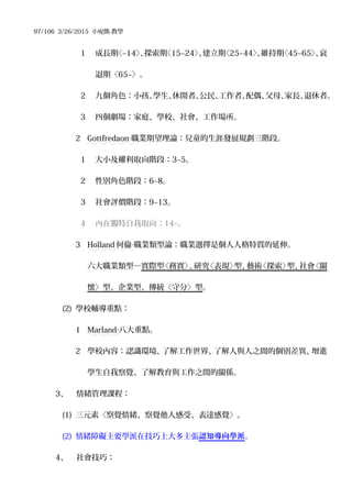 97/106 3/26/2015 小宛熊-教學
1 成長期〈~14〉、探索期〈15~24〉、建立期〈25~44〉、維持期〈45~65〉、衰
退期〈65~〉。
2 九個角色：小孩、學生、休閒者、公民、工作者、配偶、父母、家長、退休者。
3 四個劇場：家庭、學校、社會、工作場所。
2 Gottfredaon‧職業期望理論：兒童的生涯發展規劃三階段。
1 大小及權利取向階段：3~5。
2 性別角色階段：6~8。
3 社會評價階段：9~13。
4 內在獨特自我取向：14~。
3 Holland 何倫 職業類型論：職業選擇是個人人格特質的延伸。‧
六大職業類型─實際型〈務實〉、研究〈表現〉型、藝術〈探索〉型、社會〈關
懷〉型、企業型、傳統〈守分〉型。
(2) 學校輔導重點：
1 Marland‧八大重點。
2 學校內容：認識環境、了解工作世界、了解人與人之間的個別差異、增進
學生自我察覺、了解教育與工作之間的關係。
3、 情緒管理課程：
(1) 三元素〈察覺情緒、察覺他人感受、表達感覺〉。
(2) 情緒障礙主要學派在技巧上大多主張認知導向學派。
4、 社會技巧：
 