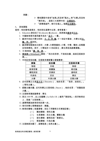 例題：
 學校課程中含有『地理』而沒有『風水』、有『化學』而沒有
『煉丹術』，這是三大規準中的：合價值性。
 「師傅領進門，修行在個人」強調合自願性。
6、 其他要點
說明：有的曾考過填充，有的則在選擇中出現，參考看看！
1. Education 源自拉丁文 educatio 或 educere，其原意為養育或引出。
2. 中國教育兩字連用最早見於「孟子」一書。
3. 歐洲中世紀大學分四科：文、法、神、醫。十一世紀中葉後，大學分成法、
醫、神、哲四科。
4. 歐洲學制發展依次排列：大學→大學預備校→小學、中學、職校→幼稚園
及特殊學校。其中，小學始於 16 世紀設立，產生原因為啟蒙運動。
5. 3R 教育指「讀、寫、算」。
6. 懷海德（Whitehead）曾說：「西方的思想，不是柏拉圖，就是亞里斯多
德」。
7. 中世紀受柏拉圖、亞里斯多德影響之要點整理：
要點 柏拉圖 亞里斯多德
物相 共相 殊相
教育哲學 唯實論 唯名論
學院派別 芳濟派 道明派
代表色 灰衣 黑衣
大學 牛津大學 巴黎大學
8. 近代哲學之父是笛卡兒（Descartes），他的名言：「我思，故我在」。
（理性主義）。
9. 經驗主義先驅、近代科學之父是培根（Bacon），他的名言：「知識就是
力量」。
10. 主張教育萬能論學者：華生
11. 西元 1685 年，法人拉薩爾（La Salle J.B.）創用『領班制』---西洋教育史
上，首創「分班教學」。
12. 選擇問題為教育研究的第一步。
13. 現代科學心理學創始於：德國。
14. 教育的隱喻（很重要喔，別忘了用聯想方式增強記憶）
（1） 雕刻隱喻：理性主義
（2） 生長隱喻：民主主義、實驗主義
（3） 接生隱喻：蘇格拉底「產婆法」
（4） 塑造隱喻：行為主義
15. 主張教師如園丁，這學說是（自然主義）。
教育綜合科目筆記整理---教育哲學 9
 