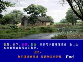 End 放鬆 、 放下 、 放開 、 放空 ，四放可以管理好情緒，對人生和事業都會有很大的幫助。 切記 ~ 有花堪折直須折  莫待無花空折枝      