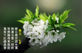 春日  朱熹 勝日尋芳泗水濱 無邊光景一時新 等閑識得東風面 萬紫千 紅 總是春   