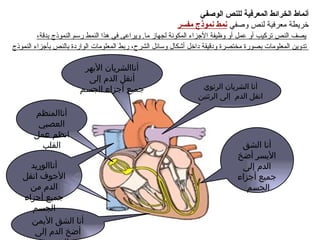 أنا الشق الأيسر أضخ الدم إلى جميع أجزاء الجسم  أنا الشق الأيمن أضخ الدم إلى الرئتين أناالمنظم العصبي انظم عمل القلب أناالشريان الأبهر أنقل الدم إلى جميع أجزاء الجسم أنا الشريان الرئوي انقل الدم  إلى الرئتين الوريد الأجوف أناالوريد الأجوف انقل الدم من جميع أجزاء الجسم أنماط الخرائط المعرفية للنص الوصفي خريطة معرفية لنص وصفي  نمط نموذج مفسر   يصف النص تركيب أو عمل أو وظيفة الأجزاء المكونة لجهاز ما .  ويراعى في هذا النمط رسم النموذج بدقة، تدوين المعلومات بصورة مختصرة ودقيقة داخل أشكال وسائل الشرح، ربط المعلومات الواردة بالنص بأجزاء النموذج   