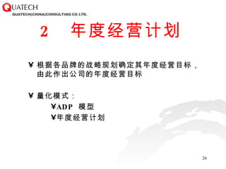 2  年度经营计划 根据各品牌的战略规划确定其年度经营目标，由此作出公司的年度经营目标 量化模式： ADP  模型 年度经营计划 