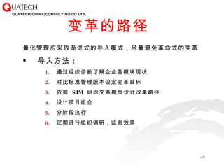 变革的路径 量化管理应采取渐进式的导入模式，尽量避免革命式的变革 导入方法 : 通过组织诊断了解企业各模块现状 对比标准管理版本设定变革目标 依据  SIM  组织变革模型设计改革路径 设计项目组合 分阶段执行 定期进行组织调研，监测效果 