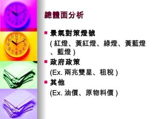 總體面分析 景氣對策燈號 ( 紅燈、黃紅燈、綠燈、黃藍燈、藍燈 ) 政府政策 (Ex. 兩兆雙星、租稅 ) 其他 (Ex. 油價、原物料價 ) 