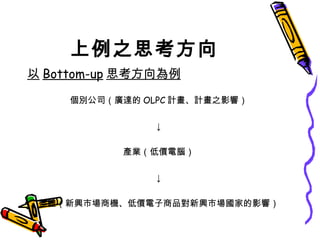 上例之思考方向 以 Bottom-up 思考方向為例 個別公司（廣達的 OLPC 計畫、計畫之影響） ↓ 產業（低價電腦） ↓ 整體（新興市場商機、低價電子商品對新興市場國家的影響） 