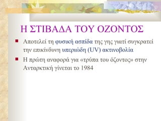 Η ΣΤΙΒΑΔΑ ΤΟΥ ΟΖΟΝΤΟΣ Αποτελεί τη  φυσική ασπίδα  της γης γιατί συγκρατεί την επικίνδυνη  υπεριώδη ( UV ) ακτινοβολία Η πρώτη αναφορά για «τρύπα του όζοντος» στην Ανταρκτική γίνεται το 1984   