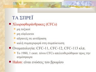 ΤΑ ΣΠΡΕΪ Χλωροφθοράνθρακες (CFCs) μη τοξικοί μη εύφλεκτοι αδρανείς σε αντίδραση καλή συμπεριφορά στη συμπύκνωση Ονοματολογία : CFC-11, CFC-12, CFC-113  κλπ. Το 1980, 1 εκατ. τόνοι CFCs απελευθερώθηκαν προς την ατμόσφαιρα Halon:  είναι ενώσεις του βρωμίου 