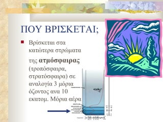 ΠΟΥ ΒΡΙΣΚΕΤΑΙ; Βρίσκεται στα κατώτερα στρώματα της  ατμόσφαιρας   (τροπόσφαιρα, στρατόσφαιρα) σε αναλογία 3 μόρια όζοντος ανα 10 εκατομ. Μόρια αέρα 