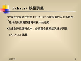 Exhaust 靜壓調整   設備在安裝時往往將 EXHAUST 所需風量的安全係數加大， 為達到降低運轉成本，必須配合實際狀況逐步調整 造成安裝與實際運轉有很大的差距 EXHAUST 風量 