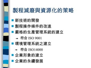 製程減廢與資源化的策略 新技術的開發 製程操作條件的改進 嚴格的生產管理系統的建立 符合 ISO 9001 環境管理系統之建立 符合 ISO 14000 企業形象的建立 企業的永續發展 