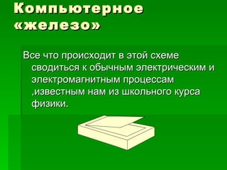 Компьютерное «железо» Все что происходит в этой схеме сводиться к обычным электрическим и электромагнитным процессам ,известным нам из школьного курса физики. 