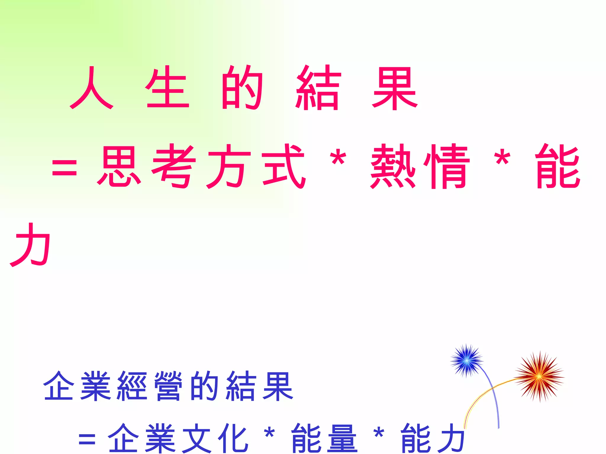 人 生 的 結 果 ＝思考方式＊熱情＊能力 企業經營的結果 ＝企業文化＊能量＊能力   