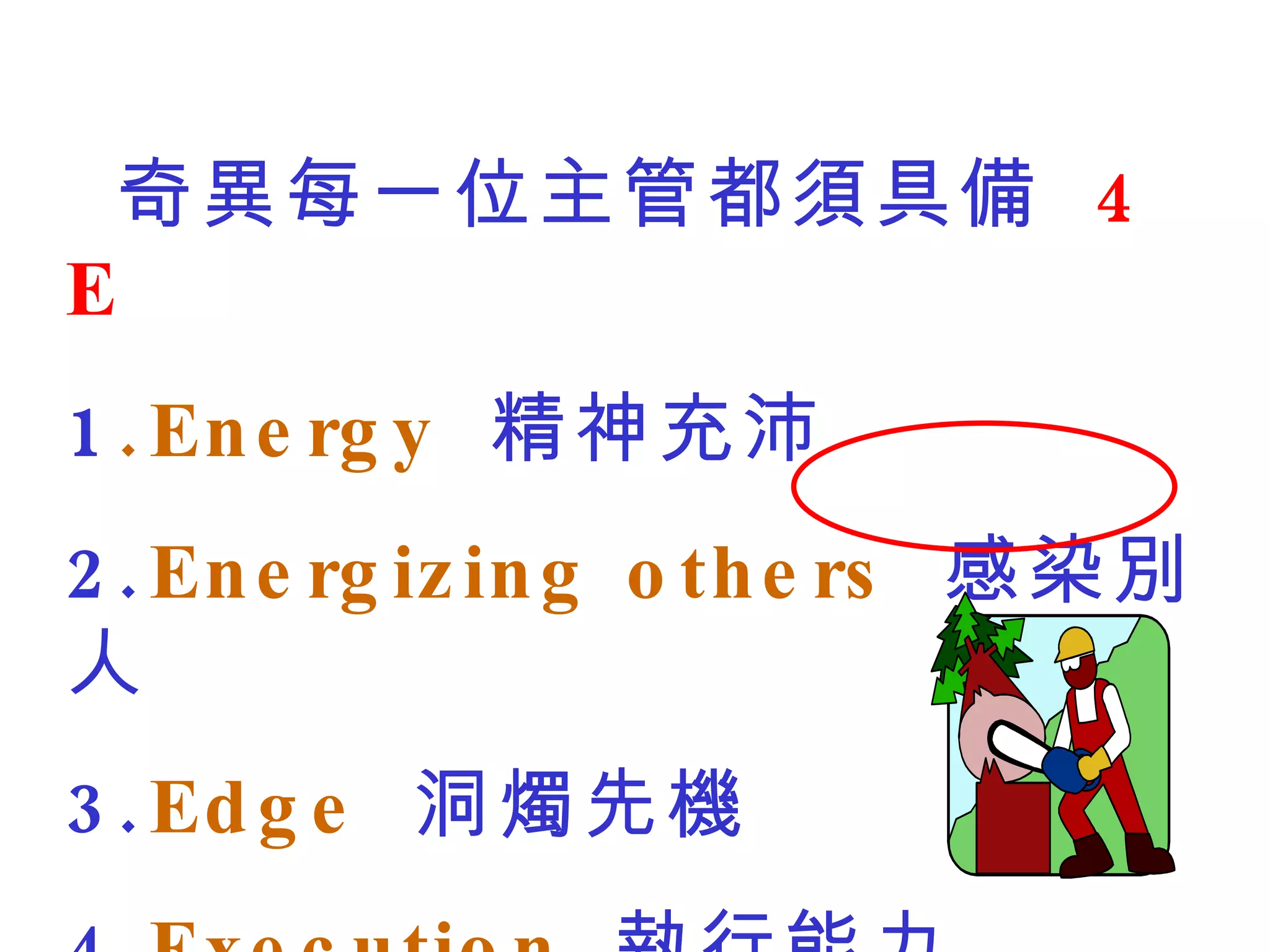 奇異每一位主管都須具備  4  E 1 .Energy  精神充沛 2. Energizing others   感染別人 3. Edge  洞燭先機 4. Execution  執行能力  