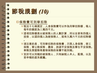 節稅規劃 (10) 保險費可列舉扣除 稅法十七條規定，人身保險費可以作為列舉扣除額，每人每年的額度為二萬四千元。 這項扣除額是以被保險人的人數計算，所以全家有四個人投保，以這四個人為被保險人，就有九萬六千元的扣除額。 須注意的是，可列舉扣除的保險費，只限人身保險，勞工保險，軍公教保險，農保，旅遊平安保險及學生平安保險。車險及房屋險等產物保險的保費不能列報。 至於可以列報的被保險人，只有納稅人本人、配偶、以及受申報的直系親屬。 