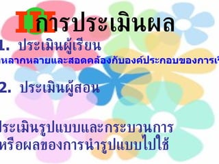 III การประเมินผล 1. ประเมินผู้เรียน 2. ประเมินผู้สอน ประเมินรูปแบบและกระบวนการ หรือผลของการนำรูปแบบไปใช้ โดยวิธีการที่หลากหลายและสอดคล้องกับองค์ประกอบของการเรียนการสอน 