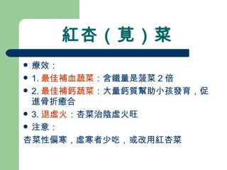 紅杏（莧）菜 療效： 1. 最佳補血蔬菜 ：含鐵量是菠菜 2 倍 2. 最佳補鈣蔬菜 ：大量鈣質幫助小孩發育，促進骨折癒合 3. 退虛火 ：杏菜治陰虛火旺 注意： 杏菜性偏寒，虛寒者少吃，或改用紅杏菜 