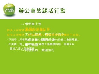 -> 帶便當上班 -> 電腦的節能任務 -> 工作上網做，樹就不必倒下 -> 列印之前，請再想想 -> 電子通勤 -> 商務差旅，減碳飛行 辦公室的綠活行動 許多人在家中會試著力行環保， 但在工作場所，卻很容易陷入破壞環境的習慣而不自知。 ‧ 下班時，只有 42% 的員工會關燈， 34% 的員工會關電腦。 ‧ 在美國，每一部電腦、螢幕晚上都關機的話，美國可以 　關掉八座大型發電廠。 