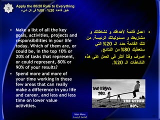 Make a list of all the key goals, activities, projects and responsibilities in your life today. Which of them are, or could be, in the top 10% or 20% of tasks that represent, or could represent, 80% or 90% of your results? Spend more and more of your time working in those few areas that can really make a difference in you life and career, and less and less time on lower value activities. اعمل قائمة لأهدافك و نشاطاتك و مشاريعك و مسئولياتك الرئيسة .  من تلك القائمة حدد الـ  20%  التي ستعطيك  80%  من النتائج . اصرف وقتاً أكثر في العمل على هذه النشاطات الـ  20%. 3 Apply the 80/20 Rule to Everything   طبق قاعدة  20%  ـ  80%  في كل شيء Main Menu القائمة الرئيسة 