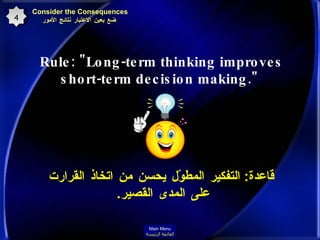 Rule: "Long-term thinking improves short-term decision making."  Consider the Consequences   ضع بعين الاعتبار نتائج الأمور 4 قاعدة   :  إن التعلم المستمر هو المطلب الأول للنجاح في أي مجال كان   قاعدة :  التفكير المطوّل يحسن من اتخاذ القرارت على المدى القصير .  Main Menu القائمة الرئيسة 