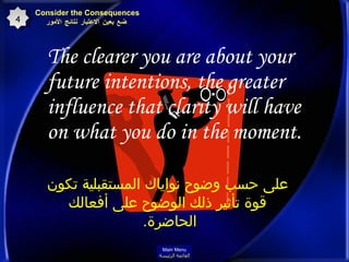 The clearer you are about your future intentions, the greater influence that clarity will have on what you do in the moment.  على حسب وضوح نواياك المستقبلية تكون قوة تأثير ذلك الوضوح على أفعالك الحاضرة .  Consider the Consequences   ضع بعين الاعتبار نتائج الأمور 4 Main Menu القائمة الرئيسة 