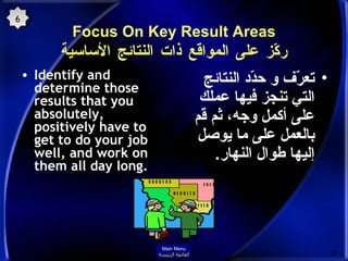Focus On Key Result Areas ركّز على المواقع ذات النتائج الأساسية Identify and determine those results that you absolutely, positively have to get to do your job well, and work on them all day long.   تعرّف و حدّد النتائج التي تنجز فيها عملك على أكمل وجه، ثم قم بالعمل على ما يوصل إليها طوال النهار . 6 Main Menu القائمة الرئيسة 