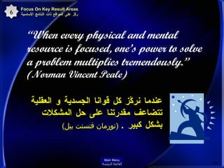 “ When every physical and mental resource is focused, one’s power to solve a problem multiplies tremendously.”  (Norman Vincent Peale)  عندما نركّز كل قوانا الجسدية و العقلية تتضاعف مقدرتنا على حل المشكلات بشكل كبير  .  ( نورمان فنسنت بيل )   Focus On Key Result Areas ركّز على المواقع ذات النتائج الأساسية 6 Main Menu القائمة الرئيسة 