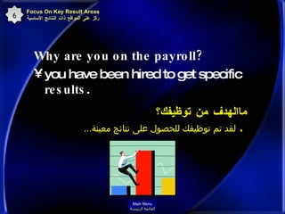 Why are you on the payroll?  you have been hired to get specific  results .   Focus On Key Result Areas ركّز على المواقع ذات النتائج الأساسية 6 ماالهدف من توظيفك؟ .  لقد تم توظيفك للحصول على نتائج معينة ...   Main Menu القائمة الرئيسة 