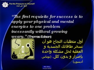 “ The first requisite for success is to apply your physical and mental energies to one problem incessantly without growing weary.”  (Thomas Edison)  أول متطلبات النجاح هو أن تسخر طاقاتك الجسدية و العقلية لحل مشكلة واحدة بإصرار و بدون كلل .  ( توماس أديسون )   Put the Pressure on Yourself   اضغط على نفسك 13 Main Menu القائمة الرئيسة 