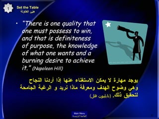 “ There is one quality that one must possess to win, and that is definiteness of purpose, the knowledge of what one wants and a burning desire to achieve it.”  (Napoleon Hill)   يوجد مهارة لا يمكن الاستغناء عنها إذا أردنا النجاح وهي وضوح الهدف ومعرفة ماذا نريد و الرغبة الجامحة لتحقيق ذلك .  ( نابليون هل )   Set the Table هيّئ الطاولة 1 Main Menu القائمة الرئيسة 