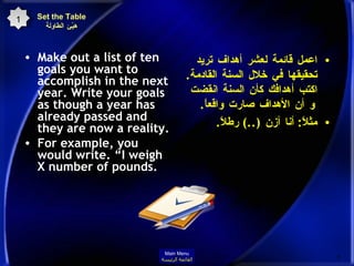 Make out a list of ten goals you want to accomplish in the next year. Write your goals as though a year has already passed and they are now a reality. For example, you would write. “I weigh X number of pounds. اعمل قائمة لعشر أهداف تريد تحقيقها في خلال السنة القادمة .  اكتب أهدافك كأن السنة انقضت و أن الأهداف صارت واقعاً . مثلاً :  أنا أزن  (..)  رطلاً . Set the Table هيّئ الطاولة 1 Main Menu القائمة الرئيسة 