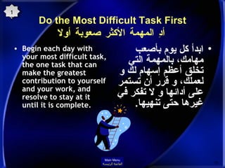 Do the Most Difficult Task First   أدِ المهمة الأكثر صعوبة أولا Begin each day with your most difficult task, the one task that can make the greatest contribution to yourself and your work, and resolve to stay at it until it is complete . ابدأ كل يوم بأصعب مهامك، بالمهمة التي تخلق أعظم إسهام لك و لعملك، و قرر أن تستمر على أدائها و لا تفكر في غيرها حتى تنهيها . 17 Main Menu القائمة الرئيسة 