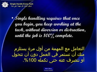 Single handling requires that once you begin, you keep working at the task, without diversion or distraction, until the job is 100% complete.   Single Handle Every Task  استفرد بأداء كل مهمة على حدة 21 التعامل مع المهمة من أول مرة يستلزم منك أن تستمر في العمل دون أن تتحول أو تنصرف عنه حتى تكمله  100%. Main Menu القائمة الرئيسة 