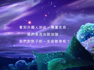 看到外國人如此～尊重生命， 我們是否也該加強， 我們對孩子的～生命教育呢？ 