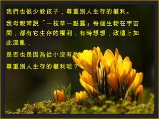 我們也很少教孩子，尊重別人生存的權利。 我母親常說「一枝草一點露」每個生物在宇宙間，都有它生存的權利，有時想想，政壇上如此混亂， 是否也是因為從小沒有教他們， 尊重別人生存的權利呢？ 