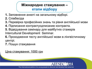 Міжнародне стажування –  етапи відбору 1.  Заповнення анкеті на загальному відборі. 2.  Співбесіда 3.  Перевірка професійних знань та рівня англійської мови 4.  Підписання контрактуодписание контракта.  5.  Відвідування семінару для майбутніх стажерів  Intercultural Development  Seminar . 6.  Проходження тесту англійської мови в лінгвістичному центрі.  7.  Пошук стажування  Ціна стажування: 1000 грн 