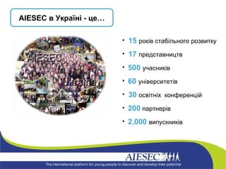 15  років стабільного розвитку 17  представництв 500  учасників 6 0  університетів  30  освітніх  конференцій 200   партнерів 2 , 000  випускників AIESEC  в Україні - це… 