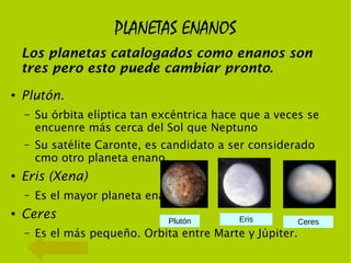 PLANETAS ENANOS
    Los planetas catalogados como enanos son
    tres pero esto puede cambiar pronto.
●
    Plutón.
    –   Su órbita elíptica tan excéntrica hace que a veces se
        encuenre más cerca del Sol que Neptuno
    –   Su satélite Caronte, es candidato a ser considerado
        cmo otro planeta enano.
●
    Eris (Xena)
    –   Es el mayor planeta enano.
●
    Ceres                       Plutón        Eris         Ceres
    –   Es el más pequeño. Orbita entre Marte y Júpiter.
 