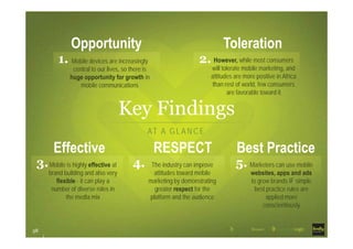 Key Findings
AT A GLANCE
38
Mobile devices are increasingly
central to our lives, so there is
huge opportunity for growth in
mobile communications
1. However, while most consumers
will tolerate mobile marketing, and
attitudes are more positive in Africa
than rest of world, few consumers
are favorable toward it
2.
Mobile is highly effective at
brand building and also very
flexible - it can play a
number of diverse roles in
the media mix
3. The industry can improve
attitudes toward mobile
marketing by demonstrating
greater respect for the
platform and the audience
4. Marketers can use mobile
websites, apps and ads
to grow brands IF simple
best practice rules are
applied more
conscientiously
5.
Opportunity Toleration
Effective RESPECT Best Practice
 