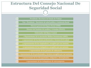 Estructura Del Consejo Nacional De
Seguridad Social
Presidente- Secretario de Estado de Trabajo
Vice - Presidente - Secretario de salud publica y Asistencia Social
Director general del Seguro Social (IDSS)
Director del Instituto de auxilios y viviendas (INAVI)
Gobernador del Banco Central
1 Representante de la Asociación Médica Dominicana (AMD).
1 representante de los demás profesionales y técnicos de la salud.
3 representantes de los empleadores, escogidos por sus sectores.
3 representantes de los trabajadores escogidos por sus sectores.
1 representante de los gremios de enfermería.
1 representante de los profesionales y técnicos escogidos por sus sectores.
1 representante de los discapacitados, indigentes y desempleados.
1 representante de los trabajadores de microempresa.

 