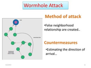 Wormhole Attack
Method of attack
•False neighborhood
relationship are created..
Countermeasures
•Estimating the direction of
arrival…
4/2/2014 11
 