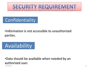 Confidentiality
•Information is not accessible to unauthorized
parties.
Availability
•Data should be available when needed by an
authorized user.
4/2/2014 13
 