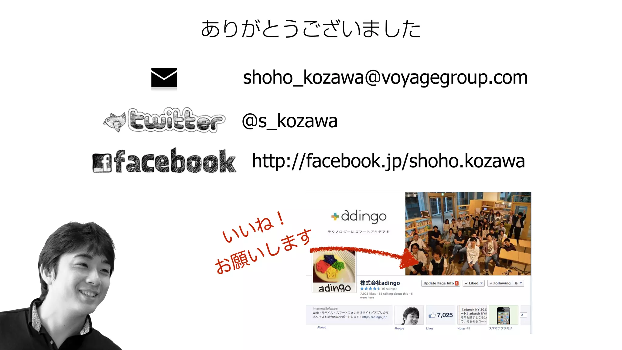ありがとうございました
@s_kozawa
http://facebook.jp/shoho.kozawa
shoho_kozawa@voyagegroup.com
いいね！
お願いします
 