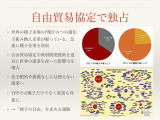 自由貿易協定で独占
❖ 世界の種子市場の7割が６つの遺伝
子組み換え企業が握っている。急
速に種子企業を買収
❖ 自由貿易協定や政府開発援助を道
具に世界の農業生産への影響力を
増大
❖ 化学肥料や農薬なしには使えない
農業へ
❖ TPPでは種子だけでなく家畜も対
象に。
❖ →「種子の自由」を求める運動
 