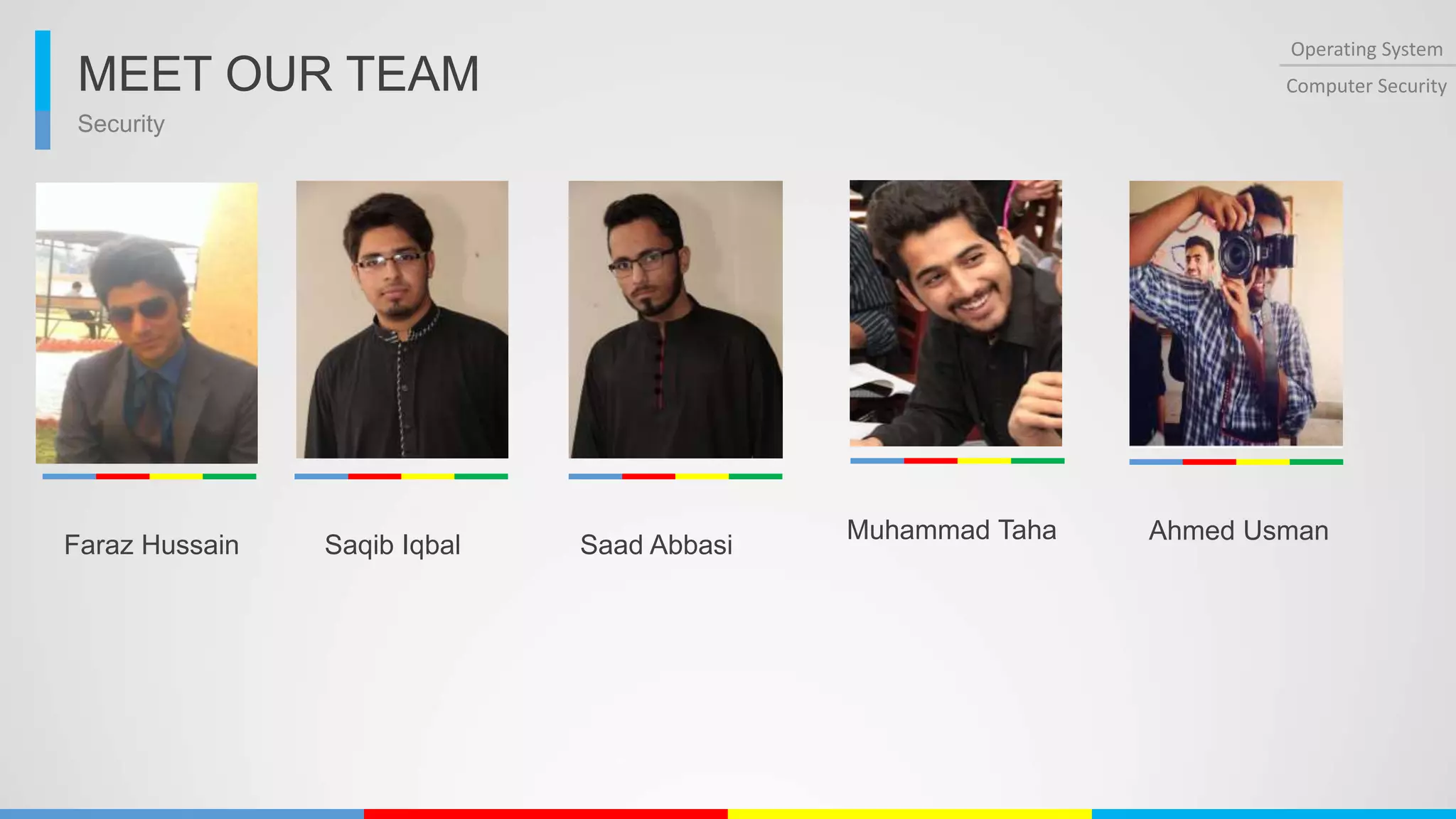 Security
Operating System
Computer SecurityMEET OUR TEAM
Faraz Hussain Saqib Iqbal
Muhammad Taha
Saad Abbasi
Ahmed Usman
 
