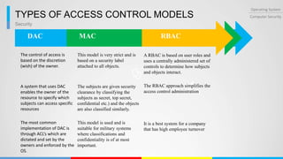 Security
Operating System
Computer SecurityTYPES OF ACCESS CONTROL MODELS
DAC MAC RBAC
The control of access is
based on the discretion
(wish) of the owner.
A system that uses DAC
enables the owner of the
resource to specify which
subjects can access specific
resources
The most common
implementation of DAC is
through ACL’s which are
dictated and set by the
owners and enforced by the
OS.
This model is very strict and is
based on a security label
attached to all objects.
The subjects are given security
clearance by classifying the
subjects as secret, top secret,
confidential etc.) and the objects
are also classified similarly.
This model is used and is
suitable for military systems
where classifications and
confidentiality is of at most
important.
A RBAC is based on user roles and
uses a centrally administered set of
controls to determine how subjects
and objects interact.
The RBAC approach simplifies the
access control administration
It is a best system for a company
that has high employee turnover
 
