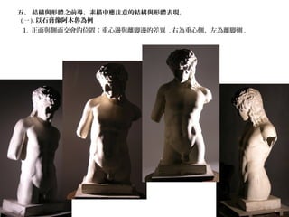 五、 結構與形體之前導，素描中應注意的結構與形體表現，
( 一 ). 以石膏像阿木魯為例
1. 正面與側面交會的位置：重心邊與離脚邊的差異 , 右為重心側、左為離脚側 .
 