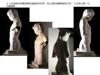 3. 正面視點外圍輪廓線經過側面的位置：重心邊與游離脚邊的差異 , 左為重心側、右
為離脚側 .
 